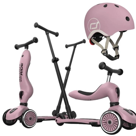 Zestaw SCOOTANDRIDE Highwaykick 1 Push and Go 2w1 Jeździk i hulajnoga z rączką do prowadzenia 1-5 lat Wildberry + Kask XXS 