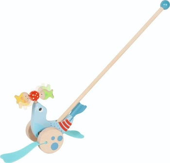 Zabawka do pchania Foka z obrotowymi rybkami 54898-Goki, zabawki drewniane
