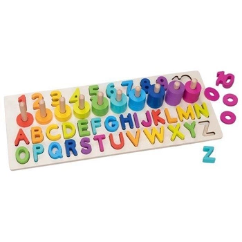 Drewniana układanka sorter nauka liczenia cyfr liter i kolorów Goki 58357 zabawka edukacyjna