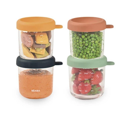 BEABA Zestaw pojemników słoiczków szklanych z zamknięciem 4 x 250 ml Sunrise color mix