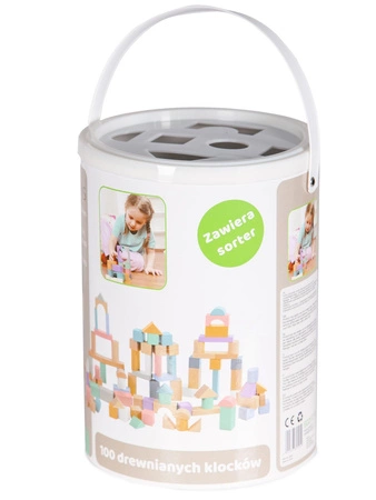 Drewniane klocki 100 szt wiaderko + sorter Ecotoys