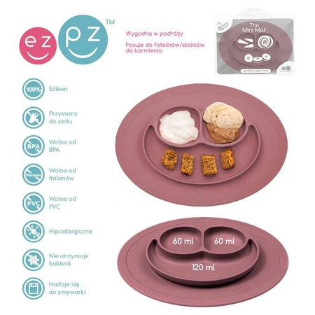 EZPZ Silikonowy talerzyk z podkładką mały 2w1 Mini Mat Mauve + pokrywka GRATIS pastelowy róż
