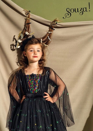 Souza! Kostium sukienka tiulowa z cekinami i lampkami LED czarownica Agatha 5-7 lat