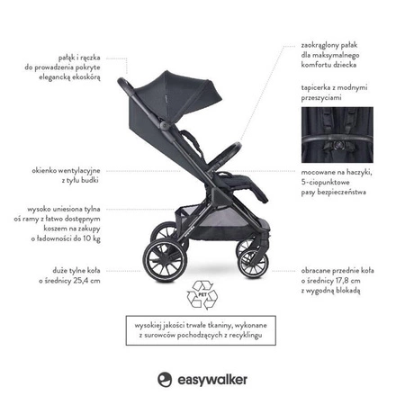 Easywalker Jackey² XL Komfortowy, samoskładający się wózek spacerowy z torbą transportową i osłoną przeciwdeszczową Midnight Black