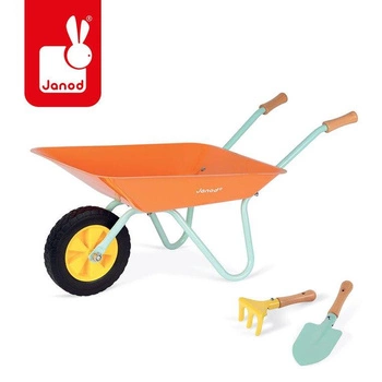 Mały ogrodnik Zestaw narzędzi ogrodowych z pomarańczową taczką, Janod