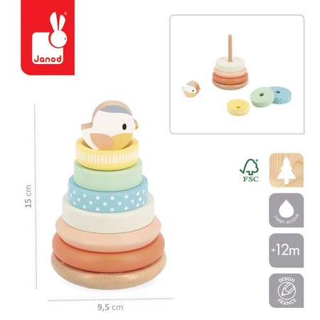 Janod Układanka piramida drewniana Gniazdko Pure 12 m+