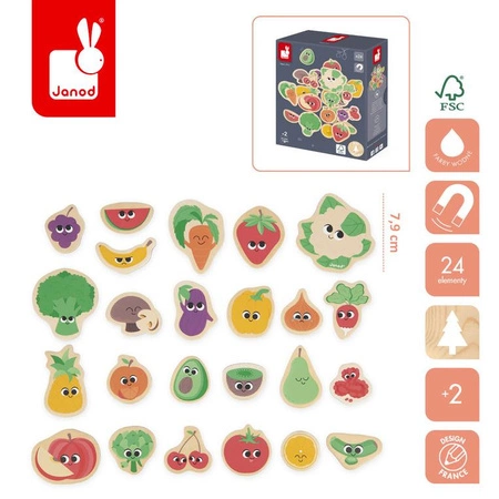 Janod Magnesy drewniane Owoce i warzywa 24 szt. 2+