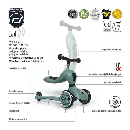 Zestaw Kask + SCOOTANDRIDE Highwaykick 1 2w1 Jeździk i hulajnoga 1-5 lat Forest