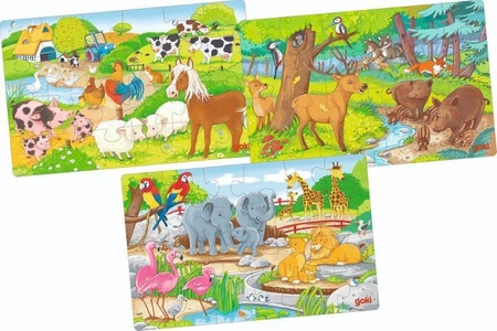 Trzy układanki Zwierzęta farma las zoo 57377-Goki, puzzle dla dzieci