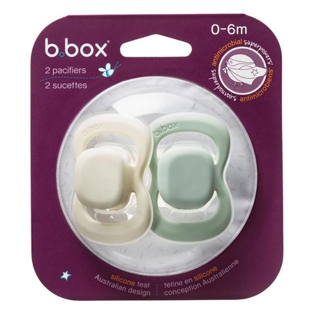 Smoczek dla noworodka i niemowlaka 2 szt.– symetryczny smoczek silikonowy 0 – 6 mies., szałwia/wanilia, b.box
