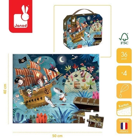 Puzzle w walizce Wyprawa po skarb 36 elementów 4+ Made in France, Janod