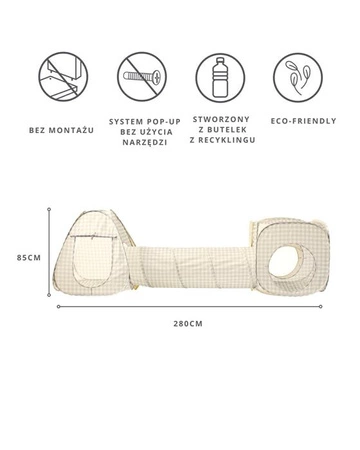 3 Sprouts Zestaw Namiotów dla Dzieci z Tunelem 3w1 Gingham Beige