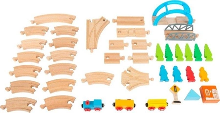 Kolejka drewniana zestaw z akcesoriami Pociąg w podróży 11491-Small Foot, kolejki dla dzieci z mostem