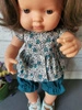 TUNIKA Z BLOOMERSAMI NA LALKĘ 38CM, TURKUSOWE KWIATKI