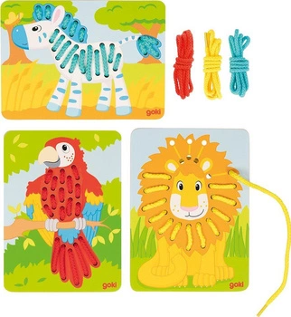 Sznurowanie Zwierzęta papuga lew zebra 58686-Goki, zabawki drewniane dla dzieci