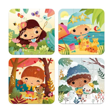 Puzzle progresywne w walizce Pory roku 4 układanki – 6, 9, 12 i 16 elementów 2+, Made in France, Janod (stary indeks: J02658)