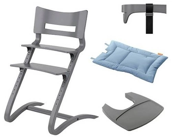 LEANDER - krzesełko do karmienia CLASSIC™, szare + barierka, tacka, poduszka Dusty Blue - ZESTAW