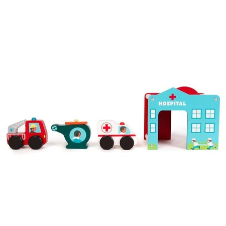 BOPPI, Drewniane centrum ratunkowe 5 w1 : Szpital Straż Stacja benzynowa Mechanik Lądowisko dla helikopterów