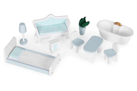 Domek dla lalek Alice 3 piętra 4 pomieszczenia komplet 9 mebelków ECOTOYS