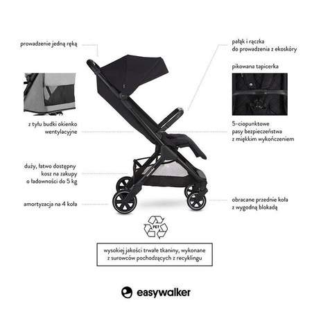 Easywalker Jackey Kompaktowy, samoskładający się wózek spacerowy z torbą transportową Shadow Black