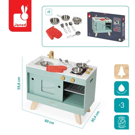 Drewniana kuchnia Loft z dźwiękiem i 8 akcesoriami 3+, Janod