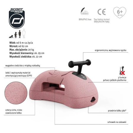 SCOOTANDRIDE My First Ewolucyjny jeździk pchacz 3w1 6 m+ Rose