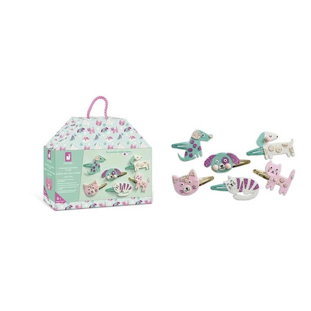 Janod Zestaw kreatywny do tworzenia biżuterii Brokatowe spinki do włosów Pieski i kotki 5+