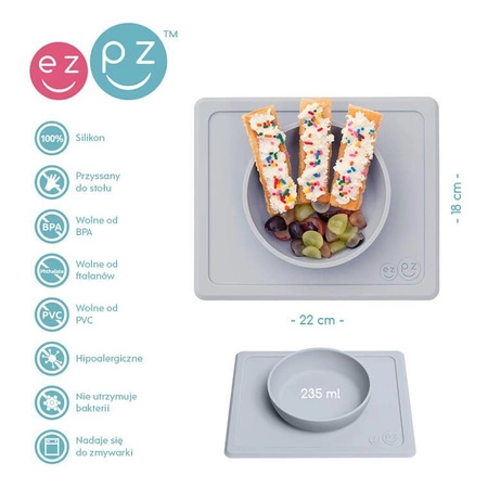 EZPZ Silikonowa miseczka z podkładką 2w1 Mini Bowl pastelowa szarość + kubeczek Tiny Cup GRATIS szary