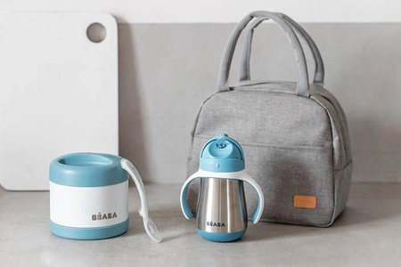Beaba Zestaw podróżny w torbie izotermicznej: termos obiadowy ze stali nierdzewnej 500 ml, bidon termiczny ze słomką 250 ml i silikonowa łyżeczka 8m+ Windy Blue