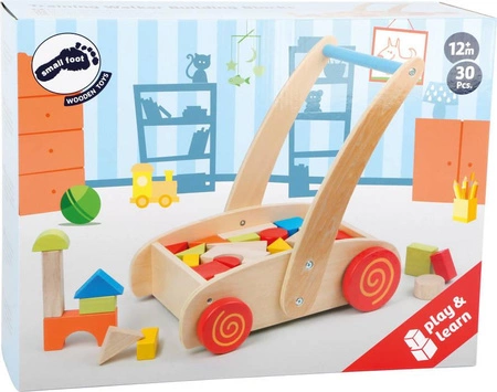 Pchacz, chodzik dla dzieci, drewniany wózek z kolorowymi klockami, small foot design - zabawka dla dwulatka
