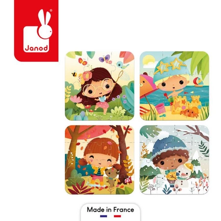 Puzzle progresywne w walizce Pory roku 4 układanki – 6, 9, 12 i 16 elementów 2+, Made in France, Janod (stary indeks: J02658)