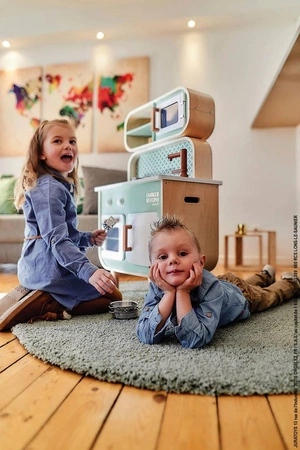 Dwustronna drewniana kuchnia z pralką 2w1, z dźwiękiem, światłem LED i 8 akcesoriami, Janod