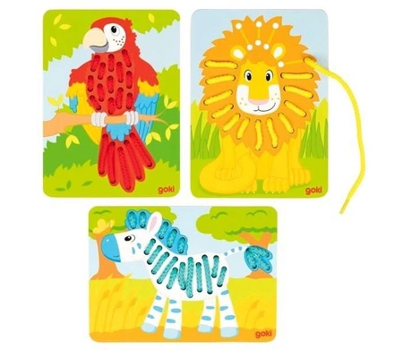 Sznurowanie Zwierzęta papuga lew zebra 58686-Goki, zabawki drewniane dla dzieci