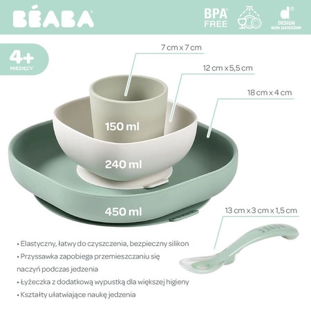 Beaba Komplet naczyń z silikonu z przyssawką Sage Green