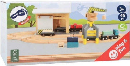 Drewniany zestaw z magnetycznymi kontenerami i dźwigami Kompleksowy skład towarowy 11377-Small Foot World, kolejki dla dzieci