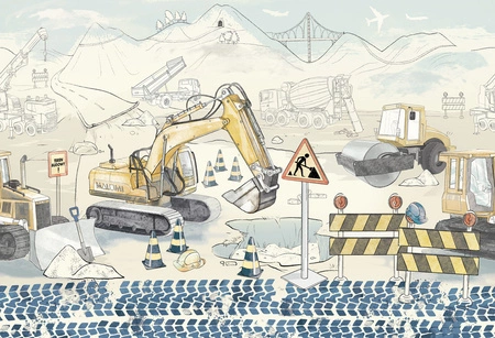 PLAC BUDOWY Mural - Blue - Tapeta Dla Chłopca Z Maszynami Budowlanymi