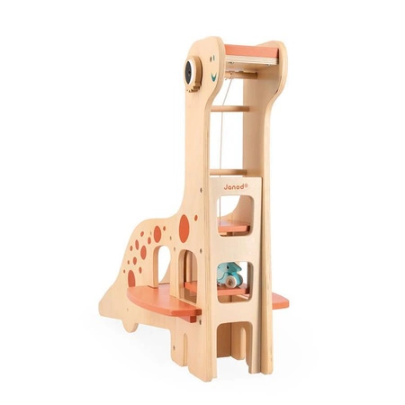 Drewniany garaż piętrowy z windą i 6 akcesoriami Dinozaury 2+, Janod