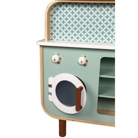 Dwustronna drewniana kuchnia z pralką 2w1, z dźwiękiem, światłem LED i 8 akcesoriami, Janod