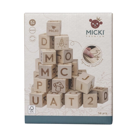 Klocki drewniane z literami Micki 36 Premium