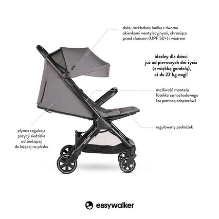 Easywalker Jackey Kompaktowy, samoskładający się wózek spacerowy z torbą transportową Marble Grey