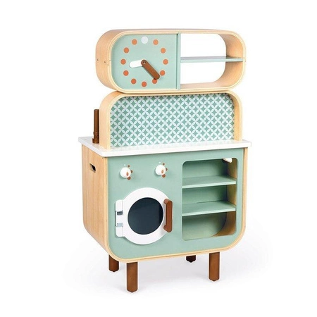 Dwustronna drewniana kuchnia z pralką 2w1, z dźwiękiem, światłem LED i 8 akcesoriami, Janod