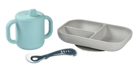 Beaba Komplet naczyń z silikonu trójdzielny talerz z przyssawką + kubeczek z pokrywką z ustnikiem + łyżeczka Blue
