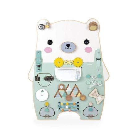 Janod Duża drewniana tablica manipulacyjna 20 aktywności Miś Pure 18m+