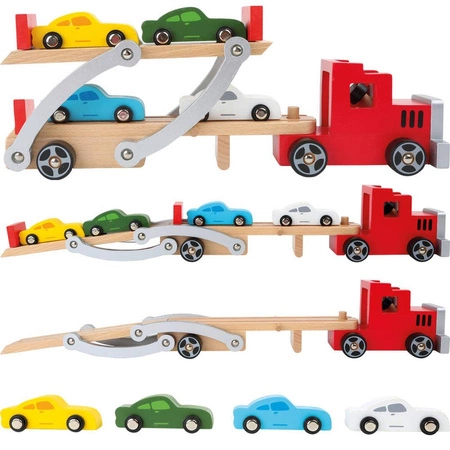 Samochód ciężarowy z lawetą i samochodzikami 4222-Small Foot, drewniane pojazdy dla dzieci