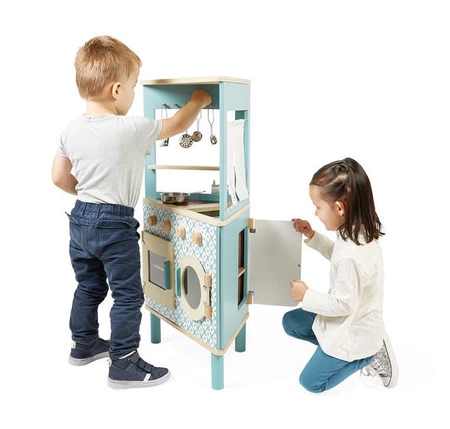 Trójstronna drewniana kuchnia narożna Trio z 5 akcesoriami 3+, Janod