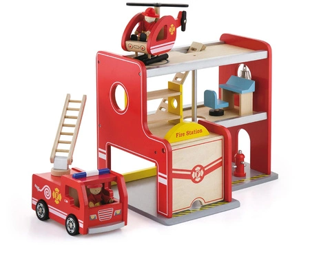 Drewniana Stacja Remiza Strażacka Garaż Akcesoria Wóz Strażacki Viga Toys