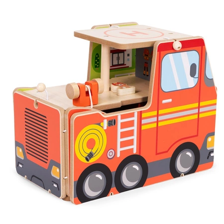 Drewniany garaż zestaw straży pożarnej 2w1 – remiza i wóz 2 piętra figurki pojazdy ECOTOYS
