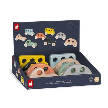 Drewniane pojazdy Sweet Cocoon, opakowanie zbiorcze 8 sztuk (3 modele: 3+3+2), Janod