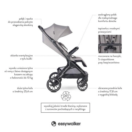 Easywalker Jackey² XL Komfortowy, samoskładający się wózek spacerowy z torbą transportową i osłoną przeciwdeszczową Pebble Grey