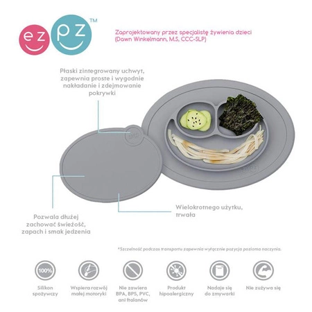 EZPZ Silikonowy talerzyk z podkładką mały 2w1 Mini Mat + pokrywka GRATIS szary